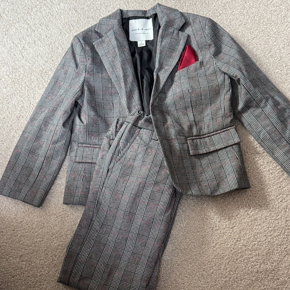 Janie and Jack Gray Plaid kids Suit with Red Accent